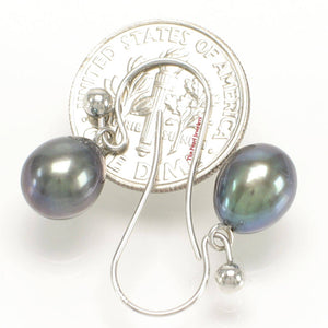 14K White Gold Black Pearl Fish Hook Dangle Earrings