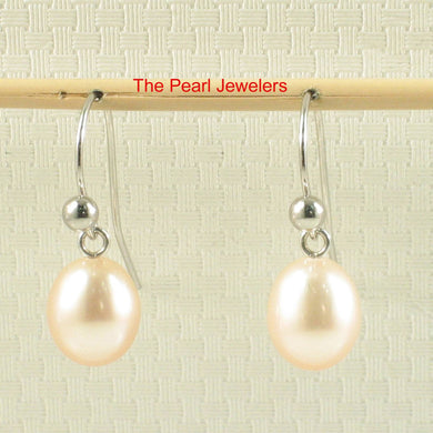 14K White Gold Peach Pearl Fish Hook Dangle Earrings