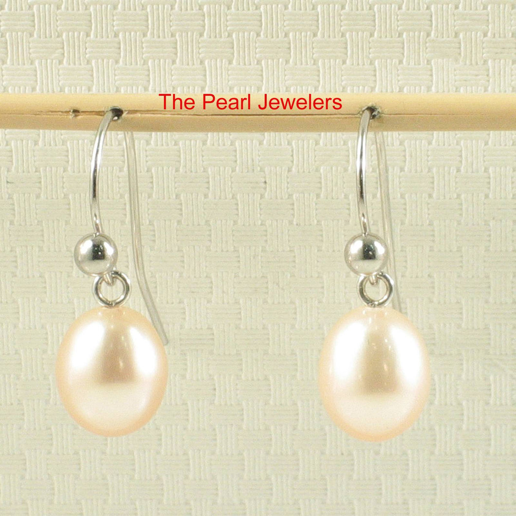 14K White Gold Peach Pearl Fish Hook Dangle Earrings