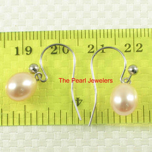 14K White Gold Peach Pearl Fish Hook Dangle Earrings