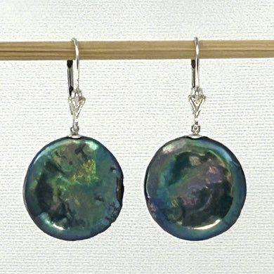 14K White Gold Black Coin Pearl Leverback Earrings