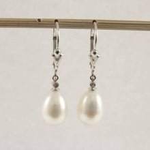 Load image into Gallery viewer, 14K White Gold Leverback Diamond White Pearl Dangle Earrings