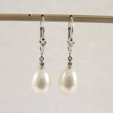 14K White Gold Leverback Diamond White Pearl Dangle Earrings