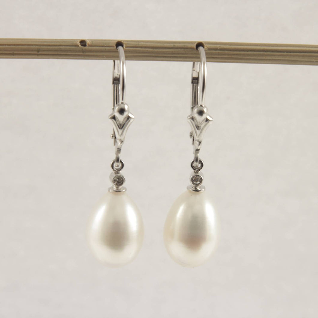 14K White Gold Leverback Diamond White Pearl Dangle Earrings