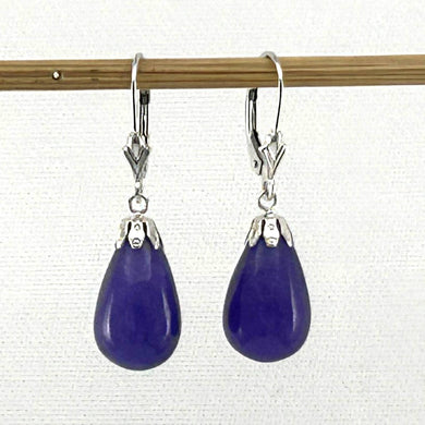 14K White Gold Leverback Purple Jade Dangle Earrings