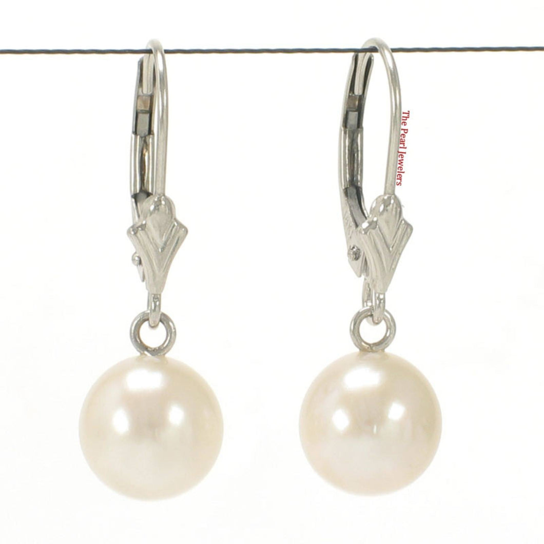 14K White Gold Cream White Pearl Leverback Earrings (8–8.5mm)