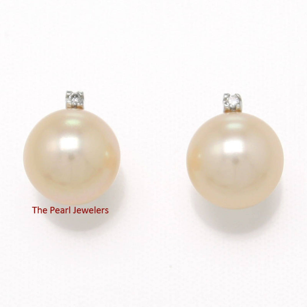14K White Gold Diamond Peach Cultured Pearl Stud Earrings (8.5–9mm)