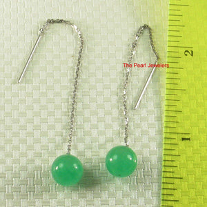 14K White Gold Threader Chain Green Jade Bead Dangle Earrings