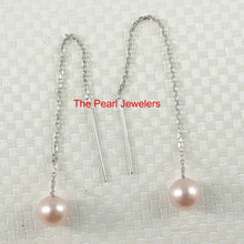 Load image into Gallery viewer, 14K White Gold Pink Pearl Threader Chain Earrings