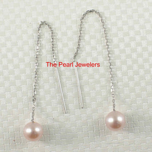 14K White Gold Pink Pearl Threader Chain Earrings