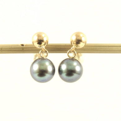 14K Yellow Gold Black Pearl Ball Stud Dangle Earrings