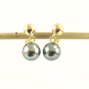 14K Yellow Gold Black Pearl Ball Stud Dangle Earrings