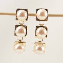 Load image into Gallery viewer, 14K Yellow Gold Peach Pearl Dangle Earrings (Triple 9–10mm)