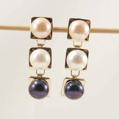 14K Yellow Gold Peach, White & Black Pearl Dangle Earrings
