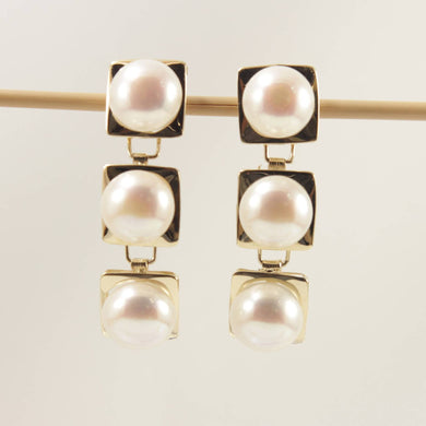 14K Yellow Gold White Pearl Dangle Earrings (Triple 9–10mm)