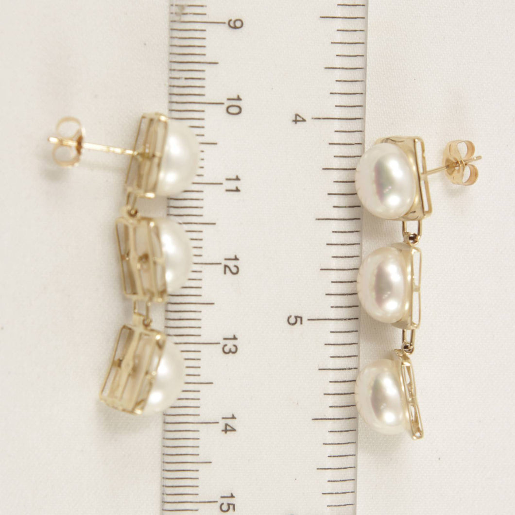 14K Yellow Gold White Pearl Dangle Earrings (Triple 9–10mm)