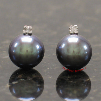 14K Yellow Gold Diamond Black Pearl Stud Earrings (10–11mm)