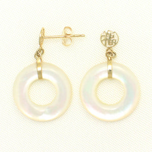 14K Yellow Gold Blessing Dangle Donut White Mother of Pearl Earrings