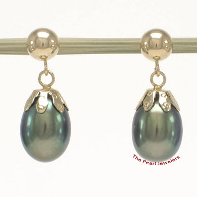 14K Yellow Gold Black Pearl Dangle Earrings with Claws