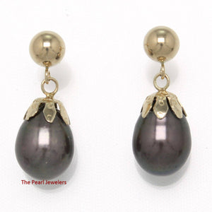 14K Yellow Gold Black Pearl Dangle Earrings with Claws