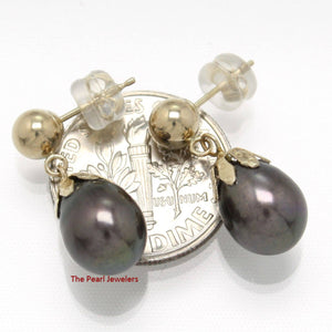 14K Yellow Gold Black Pearl Dangle Earrings with Claws