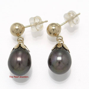 14K Yellow Gold Black Pearl Dangle Earrings with Claws