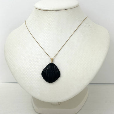 14k Solid Yellow Gold Black Onyx Shell Pendant Necklace