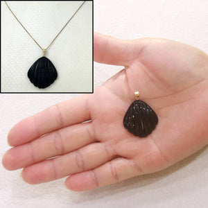 14k Solid Yellow Gold Black Onyx Shell Pendant Necklace