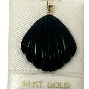 14k Solid Yellow Gold Black Onyx Shell Pendant Necklace