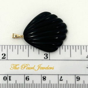 14k Solid Yellow Gold Black Onyx Shell Pendant Necklace