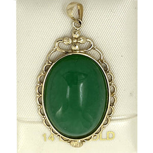 14k Yellow Gold Cabochon Cut Green Jade Pendant Necklace
