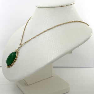 14k Yellow Gold Cabochon Cut Green Jade Pendant Necklace