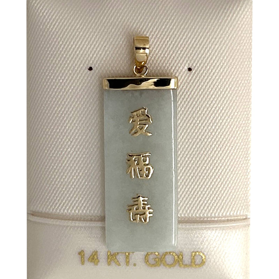 14k Yellow Gold Celadon Green Jade Good Fortune Pendant