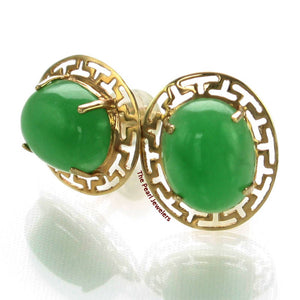14K Yellow Gold Chinese Pattern Oval Green Jade Earrings