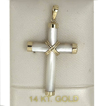 Load image into Gallery viewer, 14k Yellow Gold Cross Mother of Pearl Tube Pendant