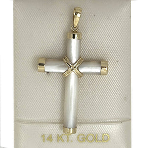 14k Yellow Gold Cross Mother of Pearl Tube Pendant