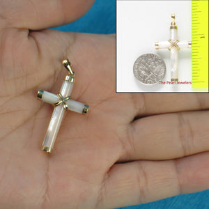 14k Yellow Gold Cross Mother of Pearl Tube Pendant