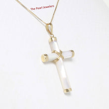 Load image into Gallery viewer, 14k Yellow Gold Cross Mother of Pearl Tube Pendant