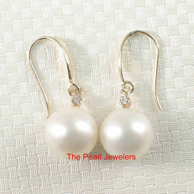 14K Yellow Gold Diamond White Pearl Hook Earrings (9–10mm)