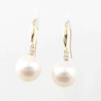 14K Yellow Gold Diamond White Pearl Hook Earrings (9–10mm)