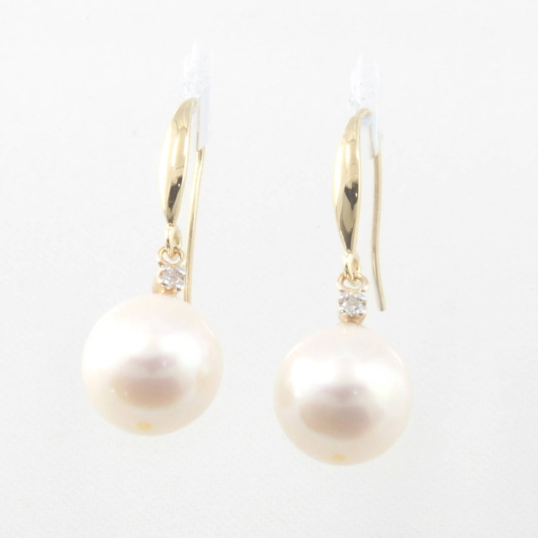 14K Yellow Gold Diamond White Pearl Hook Earrings (9–10mm)