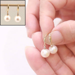 14K Yellow Gold Diamond White Pearl Hook Earrings (9–10mm)
