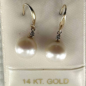 14K Yellow Gold Diamond White Pearl Hook Earrings (9–10mm)