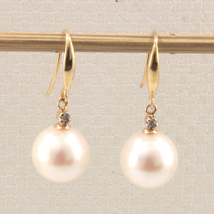 14K Yellow Gold Diamond White Pearl Hook Earrings (9–10mm)