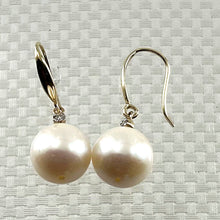 Load image into Gallery viewer, 14K Yellow Gold Diamond White Pearl Hook Earrings (9–10mm)