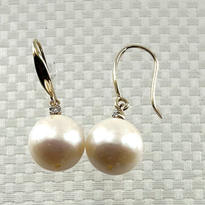 14K Yellow Gold Diamond White Pearl Hook Earrings (9–10mm)