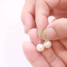 Load image into Gallery viewer, 14K Yellow Gold Diamond White Pearl Hook Earrings (9–10mm)