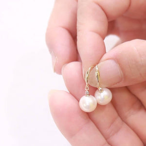 14K Yellow Gold Diamond White Pearl Hook Earrings (9–10mm)