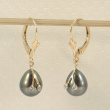 Load image into Gallery viewer, 14K Yellow Gold Diamond Black Cultured Pearl Leverback Earrings (7.5–8mm)