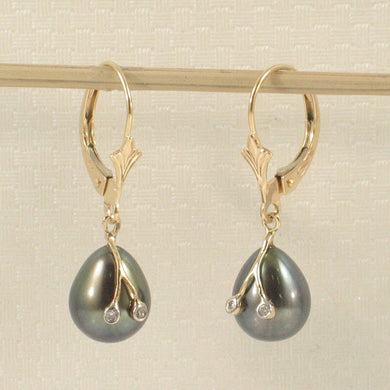14K Yellow Gold Diamond Black Cultured Pearl Leverback Earrings (7.5–8mm)